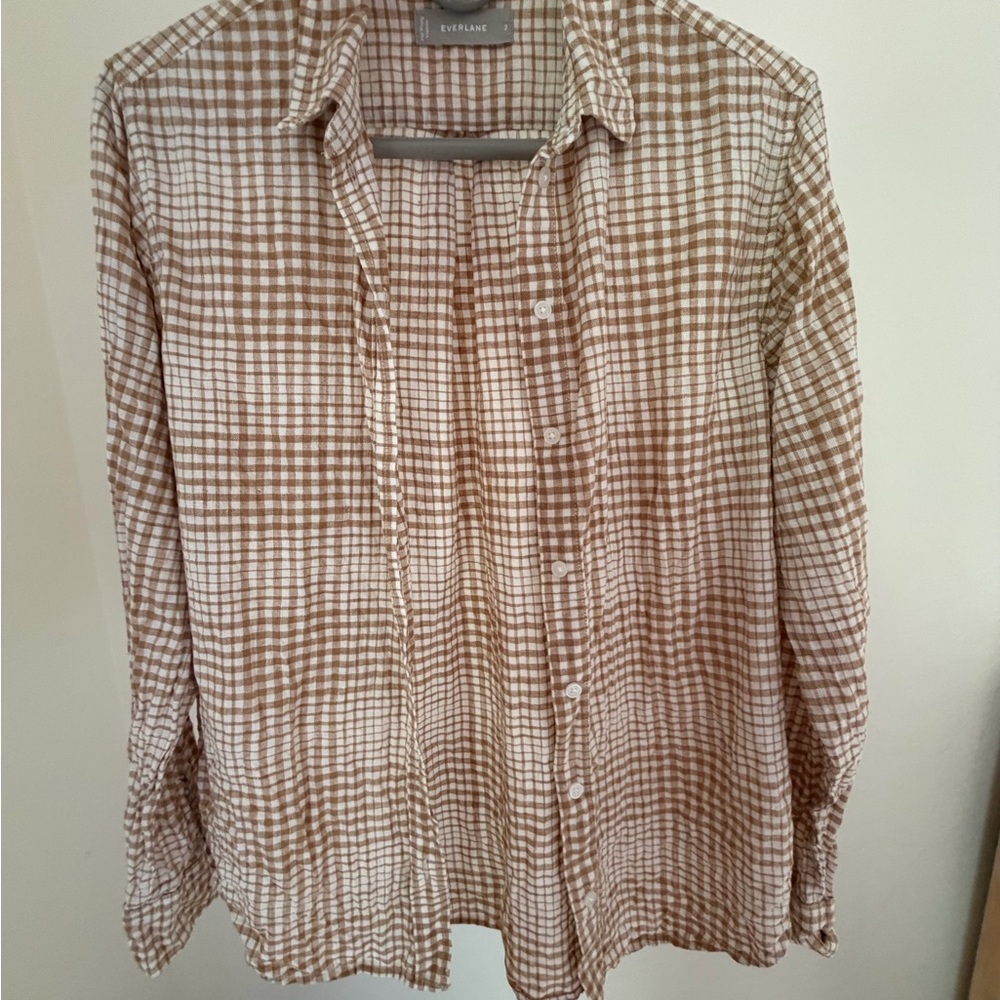Everlane linen Tan and White Plaid Shirt - Picture 3 of 5
